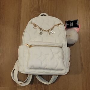 Like Dreams Quilted Stars and Moon Small White Backpack With Pom Pom New